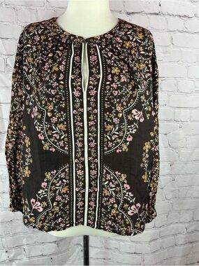 LOFT Floral Print Boho peasant blouse women L fall feminine cottage country